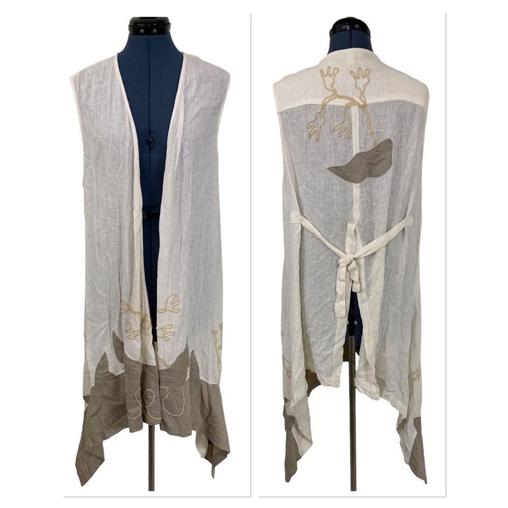 Vtg Boo Radley White Tan Embroidered Linen Boho Duster Vest Handkerchief Hem 12
